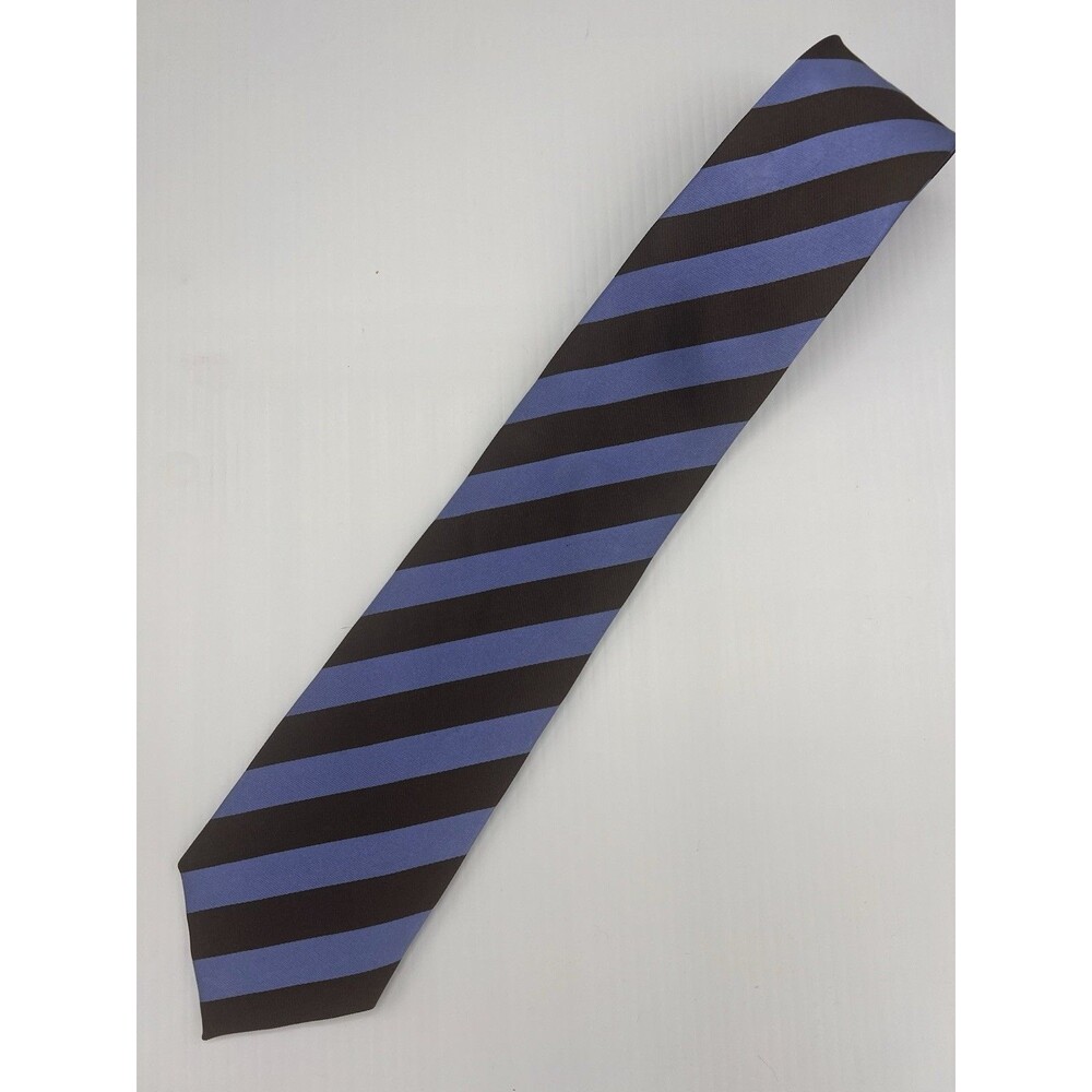 T. Harris London Mens 100% Silk Tie Blue Brown Striped Necktie 59” X 3.5”
